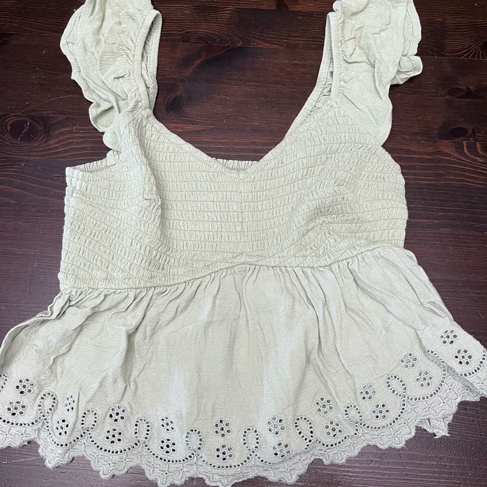 Hollister Light Green Eyelet Peplum Smocked Camisole